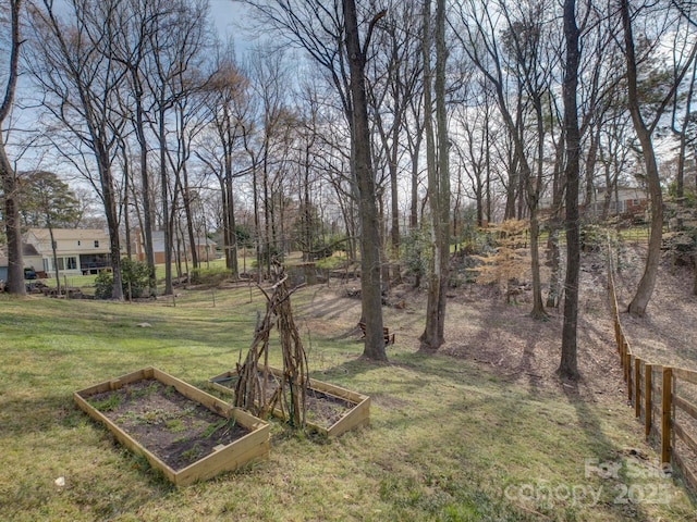 view of yard with a vegetable garden and fence