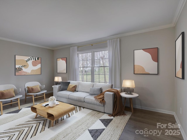 living area featuring crown molding, baseboards, and wood finished floors