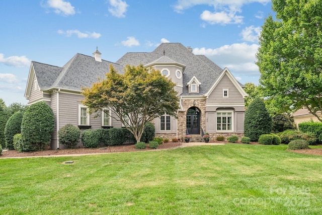 french country home featuring stone siding, roof with shingles, and a front lawn