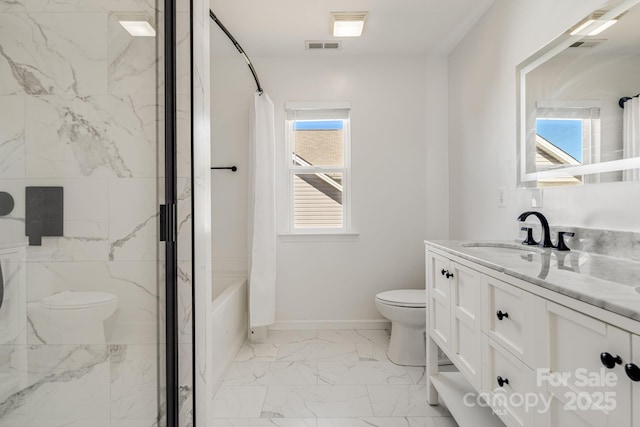 bathroom with marble finish floor, visible vents, toilet, vanity, and baseboards