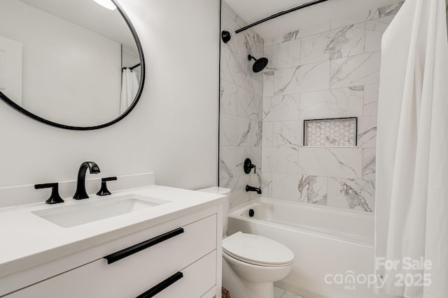 full bath featuring shower / bathtub combination with curtain, toilet, and vanity