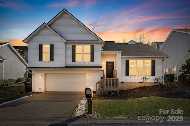 view of front of home featuring driveway, a garage, roof with shingles, crawl space, and central air condition unit