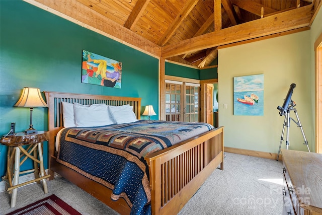 carpeted bedroom with lofted ceiling with beams, wood ceiling, and french doors