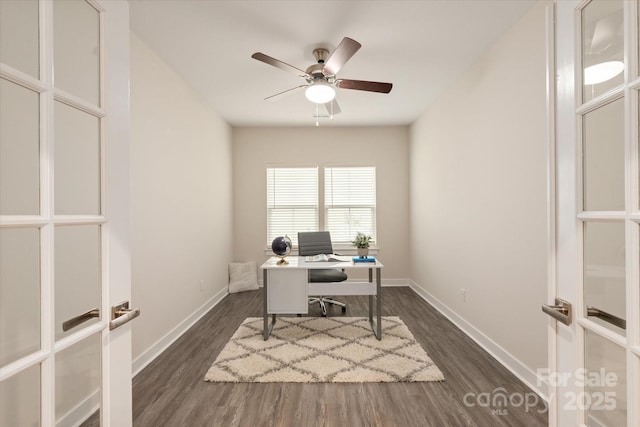 office featuring dark wood-style floors, ceiling fan, baseboards, and french doors