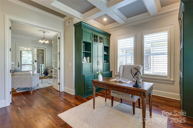 home office featuring dark hardwood / wood-style flooring, an inviting chandelier, coffered ceiling, beamed ceiling, and crown molding