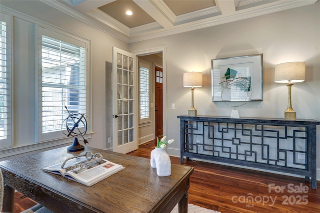 office space featuring french doors, coffered ceiling, beamed ceiling, ornamental molding, and dark hardwood / wood-style floors