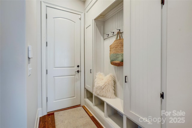 mudroom with wood-type flooring