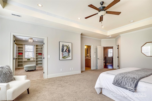 carpeted bedroom featuring a tray ceiling, a spacious closet, multiple windows, and crown molding