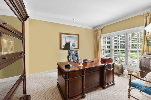 office space with ornamental molding, light colored carpet, and baseboards