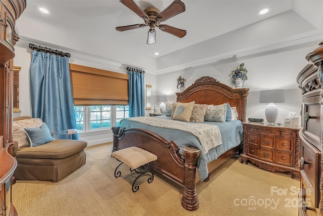 bedroom featuring light carpet, a ceiling fan, and recessed lighting