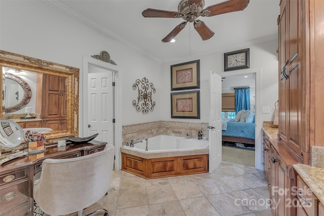 ensuite bathroom featuring ceiling fan, vanity, a bath, ensuite bath, and crown molding