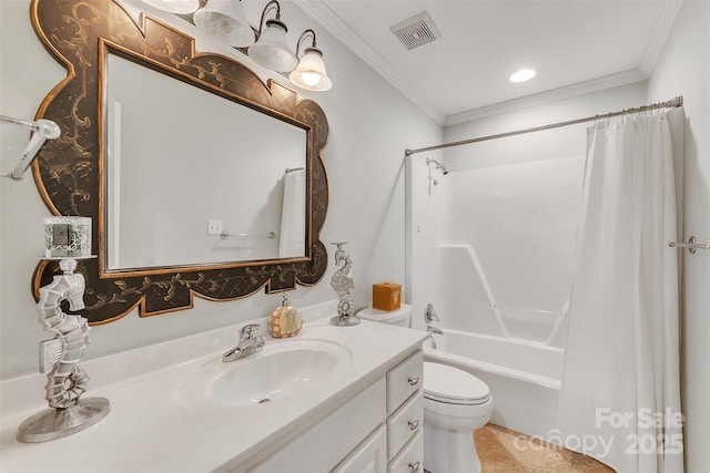 full bathroom featuring ornamental molding, visible vents, shower / bath combination with curtain, and toilet