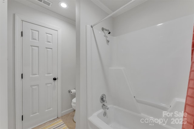 full bathroom featuring visible vents, toilet, tile patterned floors, crown molding, and shower / bathing tub combination