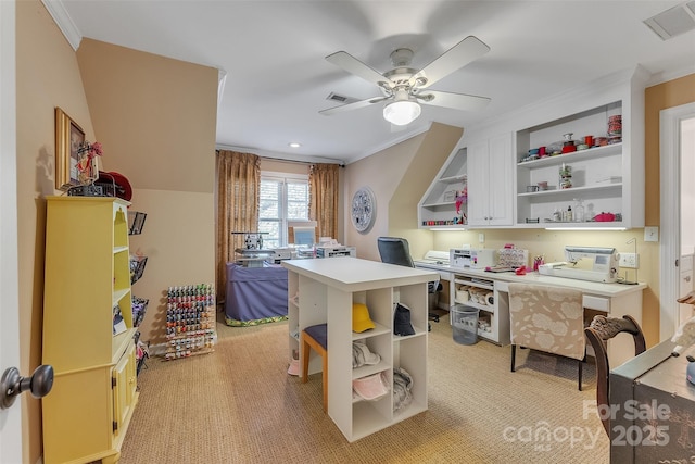 kitchen featuring visible vents, a breakfast bar, light countertops, crown molding, and open shelves