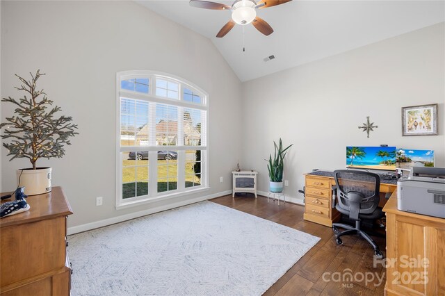 office area with lofted ceiling, ceiling fan, visible vents, baseboards, and dark wood-style floors