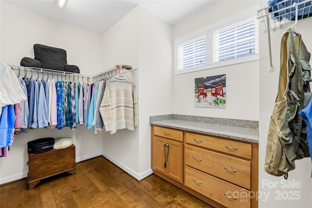 spacious closet with dark wood-style floors