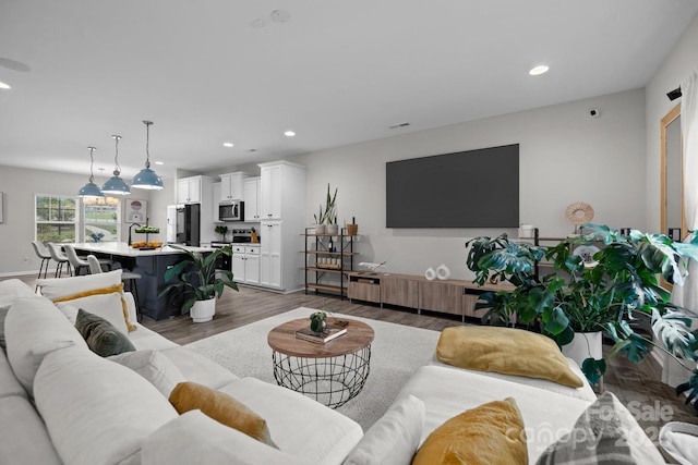 living room with dark hardwood / wood-style flooring