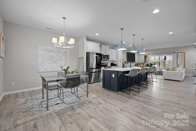 kitchen featuring an island with sink, white cabinets, stainless steel appliances, and pendant lighting