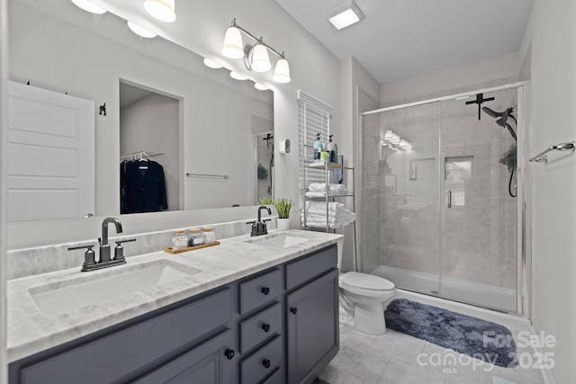 201 Bennett Trail Dr, Mount Holly, NC 28120 - bathroom with double vanity, a stall shower, a spacious closet, and toilet