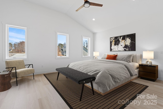 bedroom featuring a ceiling fan, light wood-type flooring, baseboards, lofted ceiling, and recessed lighting