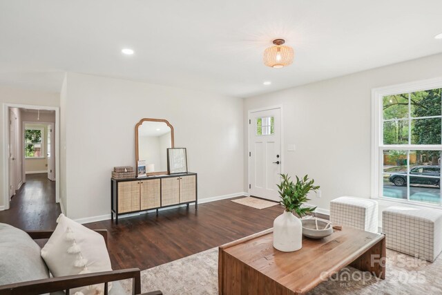 living area featuring recessed lighting, baseboards, and wood finished floors