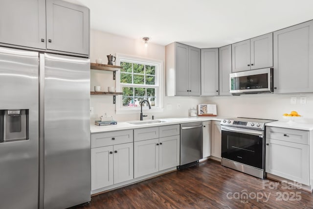 kitchen featuring light countertops, gray cabinetry, appliances with stainless steel finishes, and a sink
