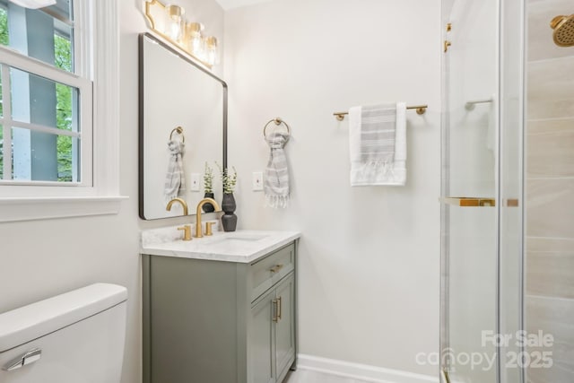 full bath featuring an enclosed shower, toilet, and vanity