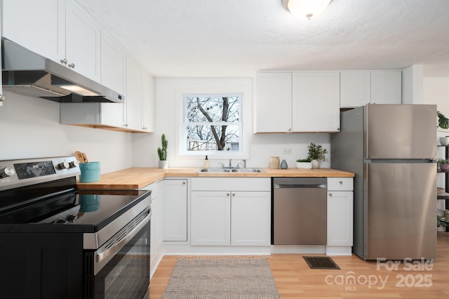 kitchen with under cabinet range hood, appliances with stainless steel finishes, wooden counters, and a sink