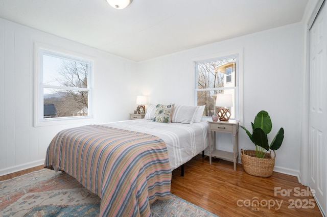 bedroom featuring a closet, multiple windows, wood finished floors, and baseboards