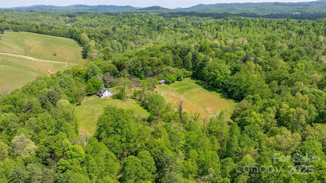 aerial view featuring a mountain view and a wooded view