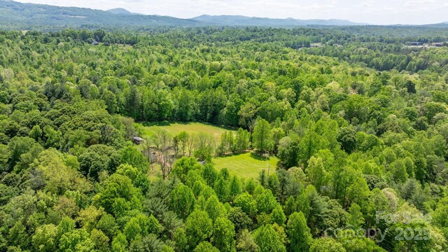 bird's eye view featuring a forest view and a mountain view