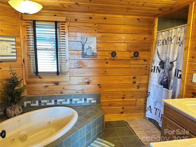 202 Panorama Dr, Nebo, NC 28761 - full bath featuring wood walls, tile patterned flooring, a tub with jets, and vanity