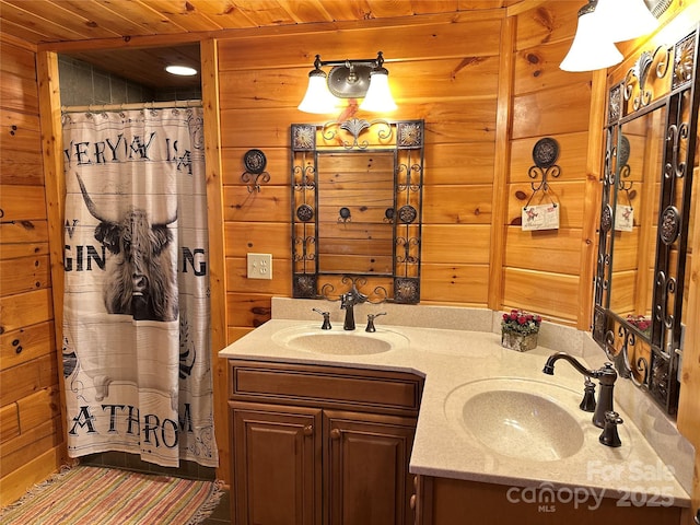 202 Panorama Dr, Nebo, NC 28761 - bathroom featuring wooden walls, double vanity, wood ceiling, and a shower with shower curtain