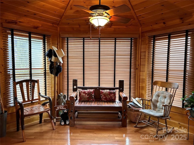 202 Panorama Dr, Nebo, NC 28761 - living area featuring lofted ceiling, wood ceiling, wood finished floors, and a ceiling fan