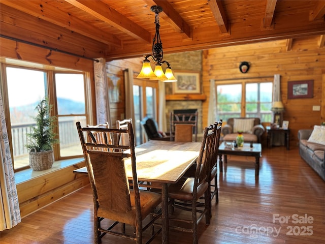 202 Panorama Dr, Nebo, NC 28761 - dining space with wooden walls, beam ceiling, hardwood / wood-style flooring, wood ceiling, and a fireplace