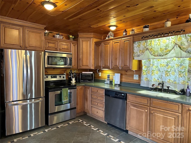 202 Panorama Dr, Nebo, NC 28761 - kitchen with stainless steel appliances, a sink, brown cabinetry, dark tile patterned flooring, and wooden ceiling