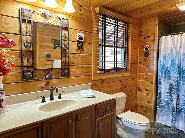 202 Panorama Dr, Nebo, NC 28761 - full bath with wooden walls, wood ceiling, toilet, vanity, and a shower with curtain