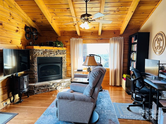 202 Panorama Dr, Nebo, NC 28761 - living area with wooden ceiling, wood finished floors, an office area, ceiling fan, and wooden walls