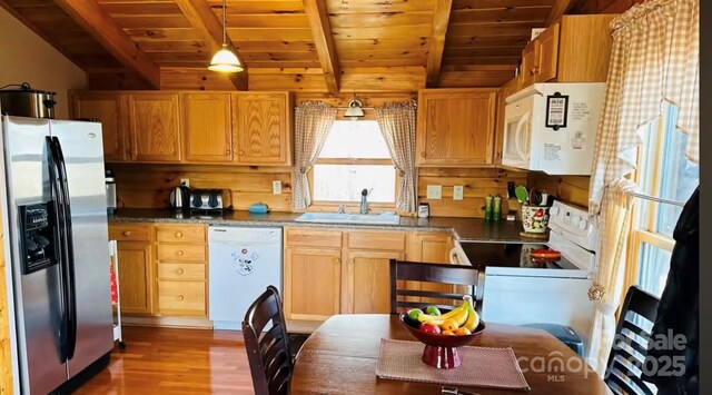 202 Panorama Dr, Nebo, NC 28761 - kitchen with white appliances, a sink, wood ceiling, wood finished floors, and decorative light fixtures