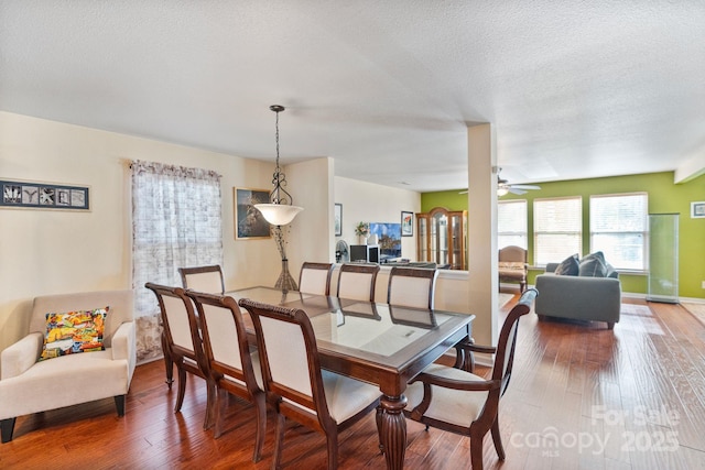 dining space with a textured ceiling, hardwood / wood-style flooring, and ceiling fan