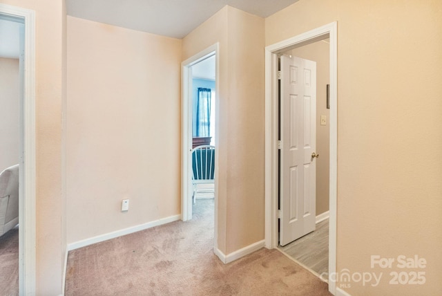 hall featuring light colored carpet