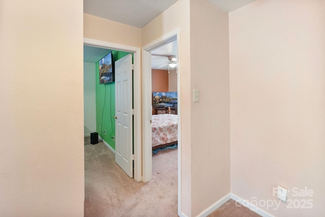 hall featuring light colored carpet