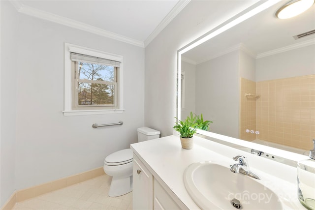 bathroom with crown molding, vanity, baseboards, visible vents, and toilet