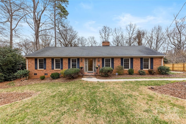 single story home with brick siding, crawl space, a chimney, and a front lawn