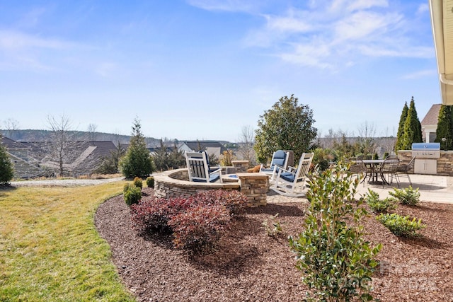 view of yard with an outdoor fire pit, a patio area, and an outdoor kitchen