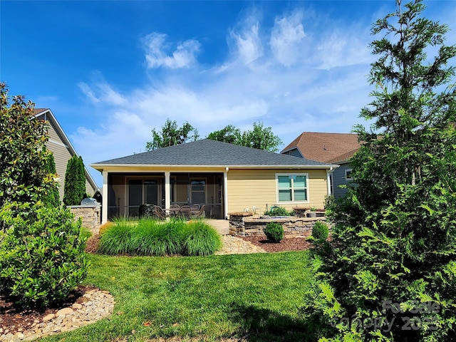 305 Hemlock Bluff Ct, Denver, NC 28037 - rear view of house with a sunroom, a lawn, and a shingled roof