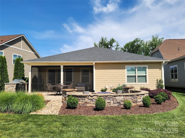 305 Hemlock Bluff Ct, Denver, NC 28037 - rear view of property featuring a sunroom, a patio area, a lawn, and a shingled roof