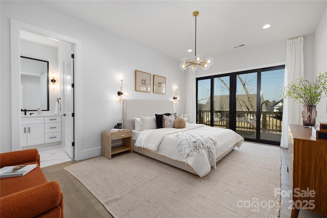 17201 Green Hill Rd, Charlotte, NC 28278 - bedroom featuring recessed lighting, a notable chandelier, access to outside, ensuite bath, and visible vents