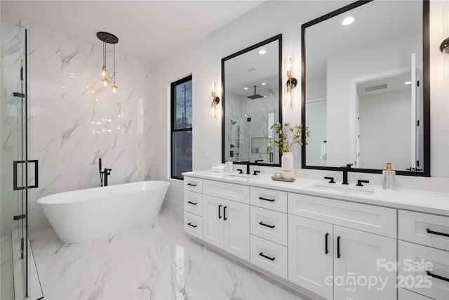 17201 Green Hill Rd, Charlotte, NC 28278 - bathroom featuring a marble finish shower, a sink, double vanity, and a soaking tub