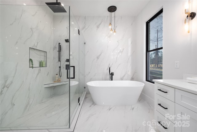 17201 Green Hill Rd, Charlotte, NC 28278 - full bathroom featuring visible vents, a marble finish shower, a freestanding tub, vanity, and marble finish floor